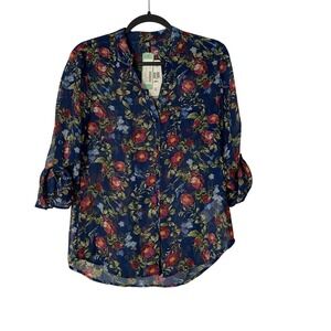 KUT from the Kloth Roll Tab Sheer‎ Floral Navy Blue Button Blouse XS Preppy NWT